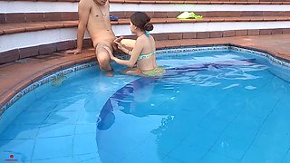 My Stepbrother has a boner when we are in the pool for my body and I fuck him