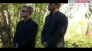 Blonde babe sucks two monster cocks then gets a double penetration