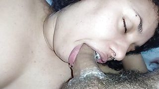 POV rolling madly her throat deep in the hard cock, drooling and making the cuckold horny