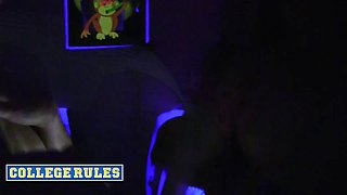 Compilation of college dorm party orgy with small-titted brunettes, blonde, and big-booty babes taking turns on cock