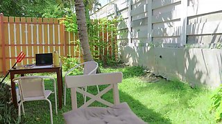 Watch a seductive petite girlfriend tease in the backyard with a hot outdoor fuck