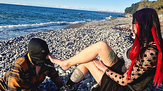 Femdom Session by the Sea. Smoking Fetish, Bootfetish, Footfetish, BDSM Flogging and Scratching
