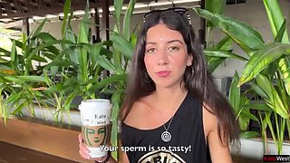 Hot Brunette Katty West Gives Public Blowjob in Starbucks Toilet - Crazy Cumwalk & Swallows Load