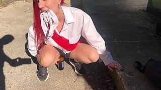 Hot girl wearing russian highschool uniform gets penetrated with a bottle of Baltika beer and then fucked in her tight ass