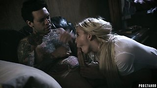 Tattooed stud treats his charming blonde GF Kenzie Reeves with some hard sex