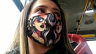 Teeny with medical mask flashes nude body in the bus