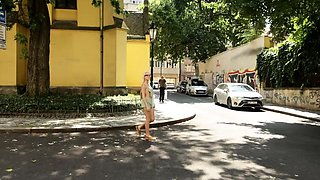 Blonde Amateur Takes Facial Outdoors In Public