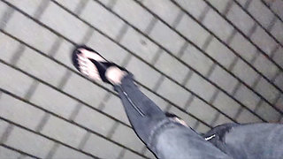 I show my feet on a walk - crossdressing, feet and toe rings, black polish