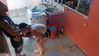 The boss left and the maid couldn't resist my erect penis