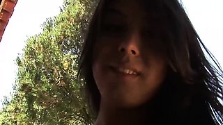 Teen brunette shemale jerks off her fat cock outdoors till