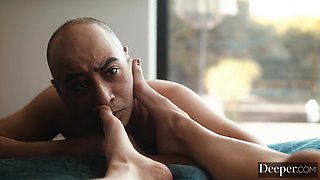 Blonde girl bounces hard on his BBC while her cuck only gets to stare