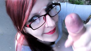 Amateur with Glasses Outdoor Blowjob Facial
