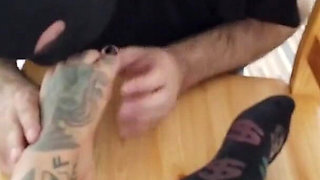 Foot slave worships tattooed feet