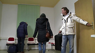 Lovely brunette in threesome double penetration