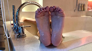My Pink Soles in a Tub, Bare Feet with Long Toes, Wet Wrinkled Soles