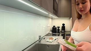 Big boobs blonde hot college girl in a mini skirt do house chores and flashes her legs and ass under her miniskirt