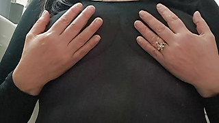 mature milf shows tits in black transparency below the hairy black