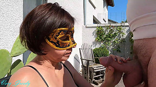 MILF in Black Lingerie and Stockings Outdoors Gives Great Blowjob and Drains on Her Big Natural Tits
