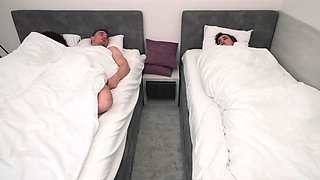 Slutty MILFs are trying to share his huge cock in their hotel room