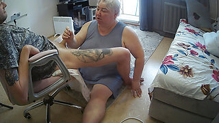 wife watches as stepmom gives deep blowjob and swallows cum