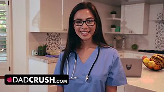 DadCrush - Cute Nurse Stepdaughter Scarlett Alexis Tests How Long Stepdad Can Last Without Cummming