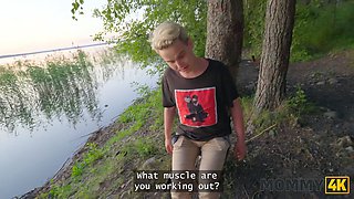 Malusha, the busty Russian cougar, seduces and fucks a guy with a huge cock in a park
