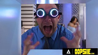 Oopsie - nerdy perv's horny office threesome with phat arse white girl Jewelz Blu and gigantic ass Connie Perignon