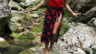 Outdoor solo masturbation scene with curly blonde