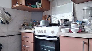 Sexy Naked Wife Preparing Food in the Kitchen. Hairy Brunette, Big Ass, Big Tits.
