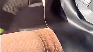 Flashing in Car at Leather Mini Skirt No Pantie