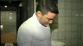 Dark haired slut from France gets her asshole banged in the bathroom