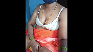 Desi Orange Saree Aunty Fingerings in Pussy Clitoris Deeply Saggy Tights Showing Boobs Puffy Nipples Massage