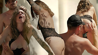 French milf fucks with young man in her garden