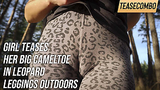 Girl Teases Her Big Cameltoe in Leopard Leggings Outdoors