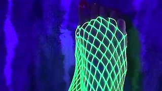 Tiny Asian Feet with Long Toes in Green Neon Fishnet