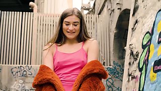 Kinky exhibitionist babe Sarah Sultry gets oiled up and fucked in a public alley by big Alberto Blanco