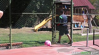 Cute athletic babe lets her coach fuck her tight pussy