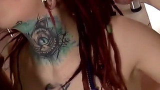 Threesome bang for sexy pierced redhead chick