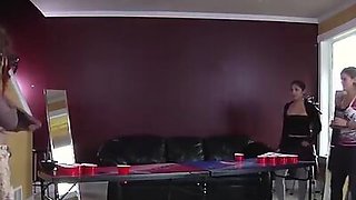 LOSTBETSGAMES - Three girls and one guy play a game of strip beer pong