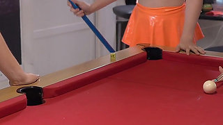 Four Lesbians Played with Billiard Cue on Pool Table!