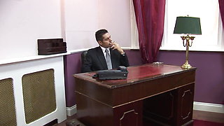 Horny secretary comes into the boss's office to suck him while he is smoking