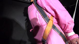 Sexy ***Sandra*** Wearing A Hot Pink Oldschool Downbib And A Down Jacket Being Tied And Gagged With Ropes And A Clothgag Hanging On The Ceiling (Video)