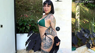 Pequitas is a sexy, tattooed Mexican woman who seduces Brian Evansx in the pool until they have sex