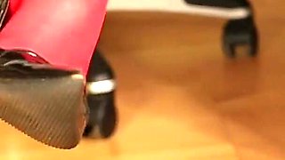 Red Stockings & Stiletto Footplay Under Leggings