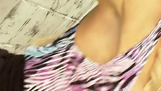 Busty babe with big boobs touching her tight pussy on this cock to get aroused