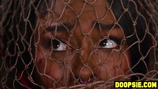 Two large cock trannies punish ebony thief