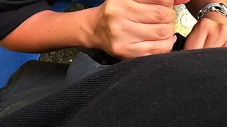 Risky sex in public outside. Sucking, ejaculating in mouth, swallowing