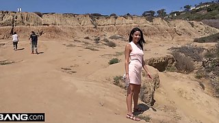 Dude fucks a cute chick with small tits in the canyon and continues at home