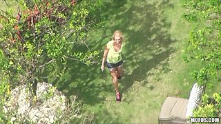 Freshly single blond lady runs into her old friend and has some joy
