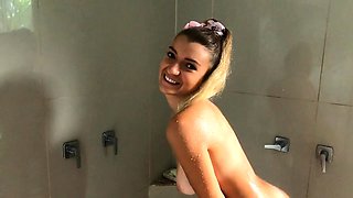 POV stepdaughter masturbates in bathroom
